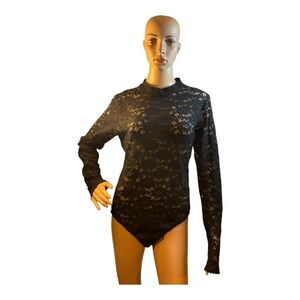 Charlotte Russe Women’s Black Floral Lace Long Sleeves knit Bodysuit Size Large
